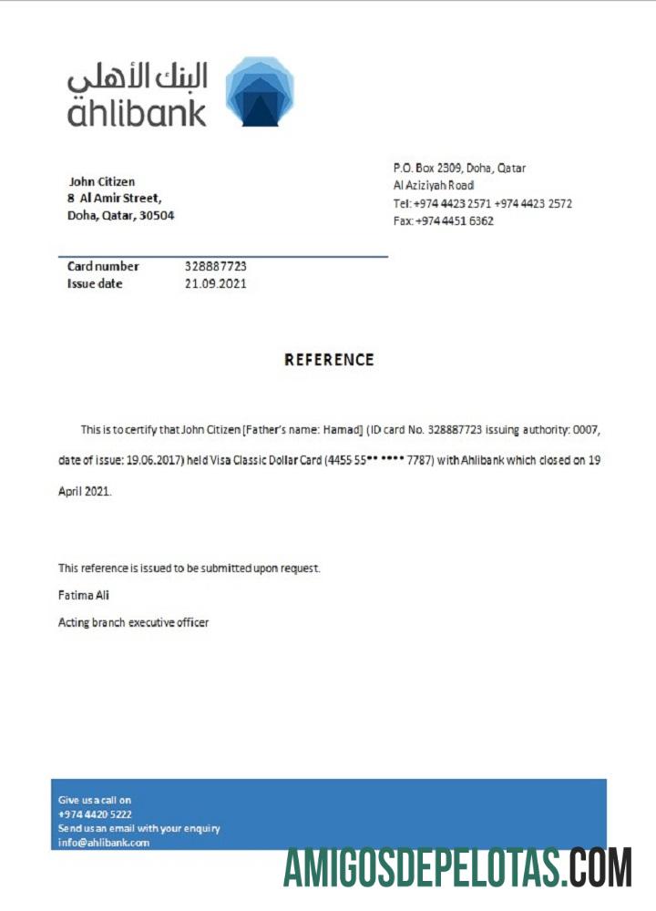 Referência de fechamento do Qatar Ahli Bank exemplo real